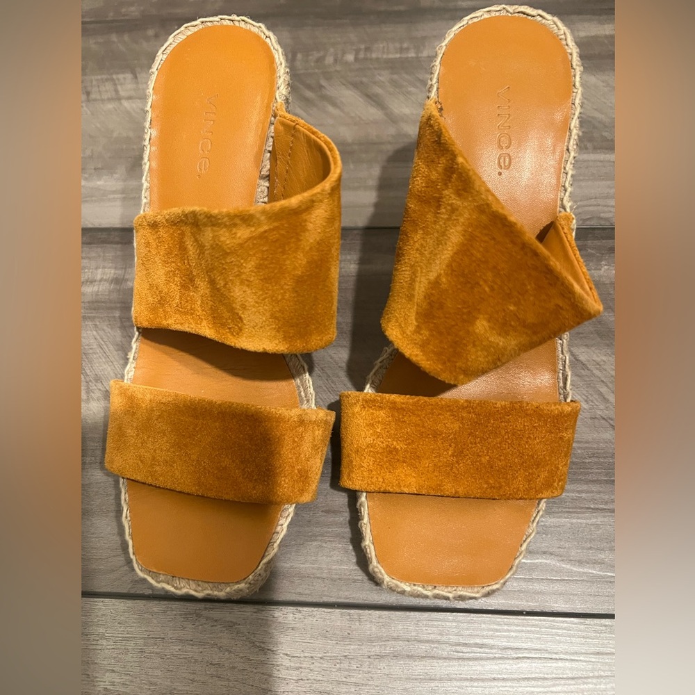Vince Suede Double-Strap Espadrille Sandals in Burnt Orange